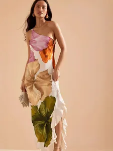 Elegant one-shoulder floral print maxi dress featuring a ruffled hem for vacation