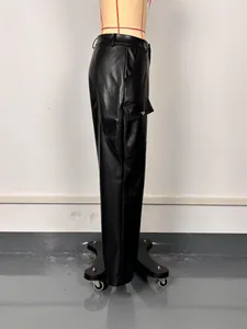Detailed side view of high-waisted black PU leather pants featuring a cargo pocket