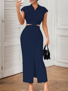 Sexy navy blue cutout waist midi shirt dress with ruched bust and stand collar