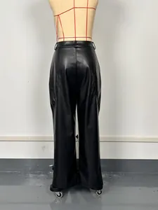 Back view of black high-waisted PU leather straight-leg pants on a mannequin