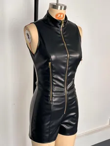 Side view of a sleeveless black faux leather bodysuit with front zipper detail