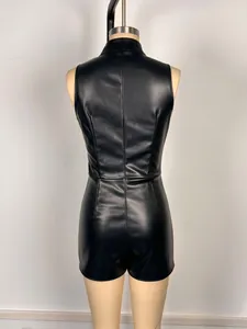 Close-up back view showing fit and texture of black sleeveless faux leather bodysuit on mannequin