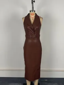 Sleeveless brown PU leather midi dress featuring a lapel collar and matching belt