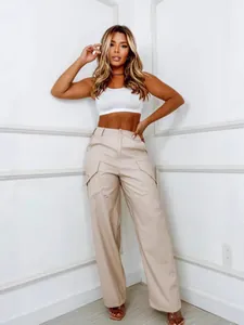 Chic beige faux leather cargo pants for women with a high-waisted straight leg fit