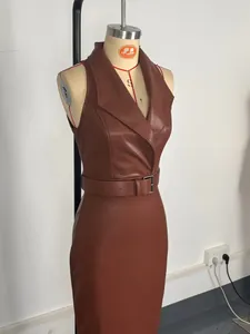 Detailed studio view of elegant brown PU leather dress with v-neck and matching belt
