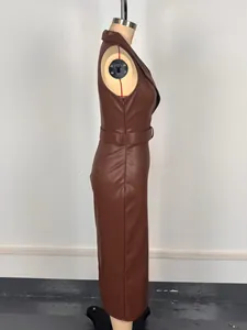 Detailed side view of a brown PU leather sleeveless midi dress featuring a matching waist belt