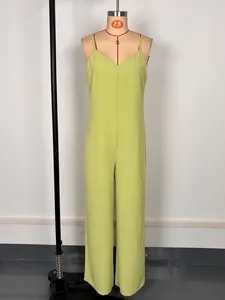 Minimalist solid lime green V-neck sleeveless wide-leg casual jumpsuit for women