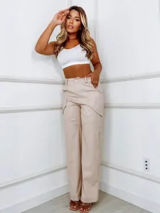 Fashionable beige women's PU leather wide leg pants with a comfortable high waist
