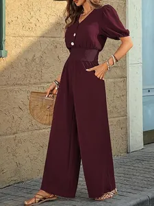 Elegant burgundy short-sleeved jumpsuit with elastic waist and wide legs for women