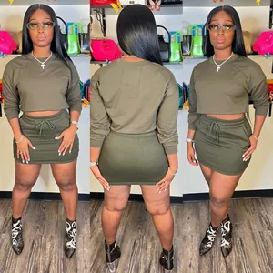 Detailed front and back views of an olive green long-sleeve crop top and skirt set.