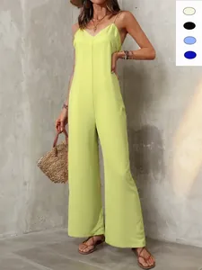 Women Solid Color Sleeveless Halter Jumpsuit Casual Loose Wide Leg V-Neck Romper Summer Vacation Elegant Polyester Outfit