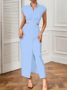 Detailed view of light blue cut-out waist midi dress with ruched bodice and button-down front.