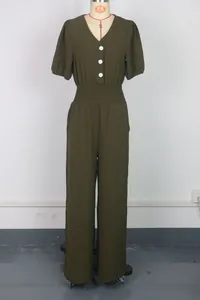 Front view of an elegant olive green short sleeve V-neck wide leg jumpsuit on a mannequin