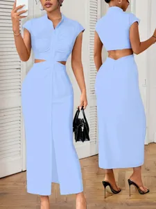 Front and back view of a light blue sexy hollow out waist maxi dress with stand collar