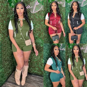 Detail view of fashion button-up rompers in multiple colors like green, burgundy and black