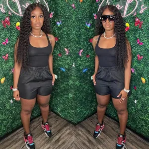 Comfortable black ribbed tank top and matching drawstring lounge shorts set for women