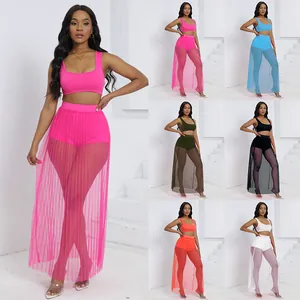 Completo 3 pezzi sexy da donna gonna in rete con canotta e pantaloncini in vari colori