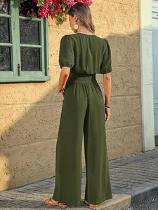 Elegant olive green short sleeve wide leg jumpsuit with elastic waist for women's fashion