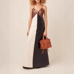 Robe maxi élégante en patchwork de cuir PU avec col en V sexy pour femmes modernes