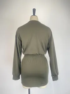 Detailed back view of olive green long-sleeve top and bodycon skirt two-piece set