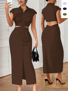 Women's Sexy Waist Cutout Stand Collar Button Front Maxi Dress Elegant Sleeveless Ruched Solid Color Slim Fit Fashion Dress