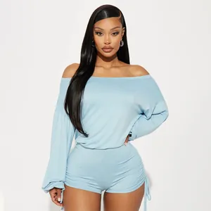 Light blue off-the-shoulder long sleeve rompers with ruched drawstring detail