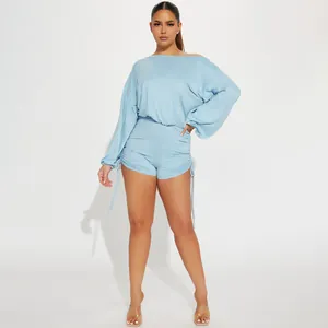 Light blue off-shoulder long sleeve romper with ruched drawstring details