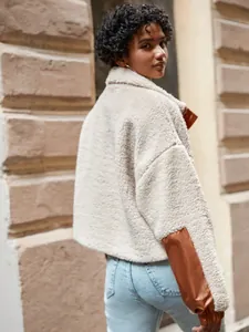 Women's winter teddy fleece jacket with stylish brown PU leather patchwork details