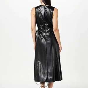 Back view of an elegant black PU leather sleeveless midi dress with a flattering slim fit.