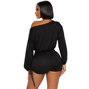 Back view detail of a black off-shoulder long sleeve drawstring jumpsuit for women.