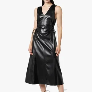 Sleeveless black PU leather midi dress featuring a deep V-neck and waist drawstrings