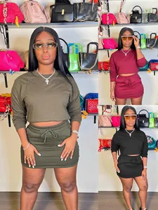 Women Casual Polyester Long Sleeve Crop Top And Bodycon Mini Skirt Top And Bottom Solid Color Fashion Outfit For Women