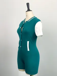 Side view of teal and white slim fit bodysuit with button closure on a mannequin