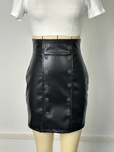 Detailed front view of high-waisted black PU leather mini skirt with double-breasted buttons