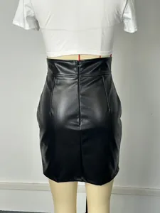 Detailed back view of a high-waisted black PU leather bodycon mini skirt with zipper