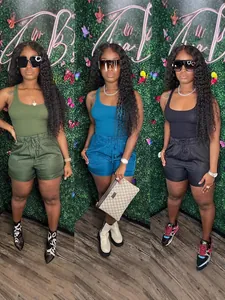 Women Casual Knitted Racerback Tank Top And Drawstring Shorts Two Piece Outfit Top And Bottom Solid Color Summer Loungewear