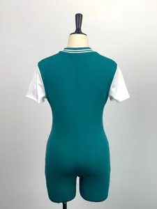 Detailed back view of teal and white short sleeve tight waist bodysuit romper on mannequin