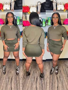 Women's olive green long sleeve crop top and drawstring mini skirt two-piece set
