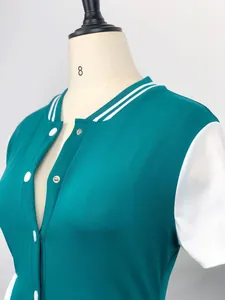 Close-up of teal varsity style bodysuit featuring striped collar and white buttons