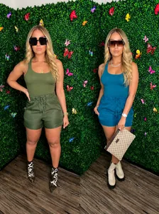 Stylish women's casual two-piece summer set featuring a rib tank top and drawstring shorts