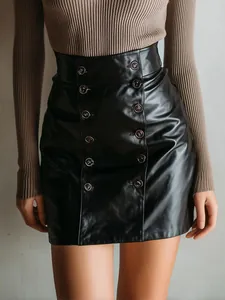 Women's Sexy PU Leather Double Breasted Mini Skirt High Waist Bodycon Faux Leather Pencil Skirt Fashion Black Slim Fit Short Skirt