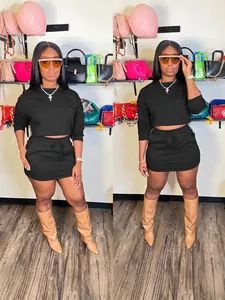 Elegant women's black long sleeve crop top and mini skirt two piece set fashion outfit