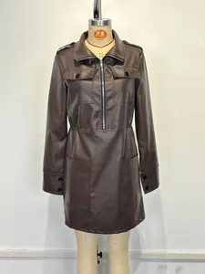 Front detail view of a dark brown long sleeve PU leather dress on a mannequin with half zipper