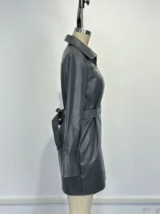 Detailed side view of dark gray PU leather dress showing waist belt and zipper detail