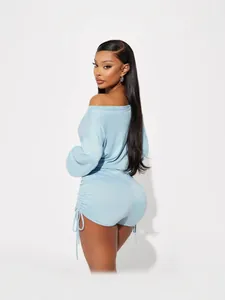 Fashionable light blue off-the-shoulder long sleeve romper with ruched drawstring waist