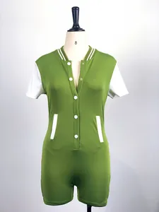 Front detail of a green and white button-up tight-fitting summer jumpsuit for women