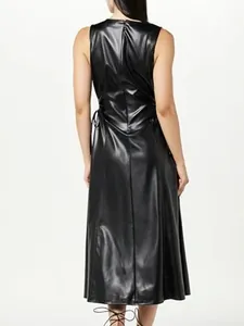 Elegant black faux leather sleeveless maxi dress featuring sexy side tie waist details