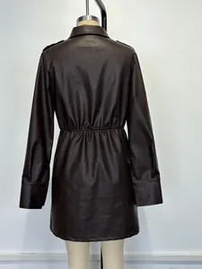 Back view of brown PU leather long-sleeved polo collar dress with elastic waist