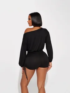 Stylish black off-shoulder long sleeve romper with side drawstring ruched detailing