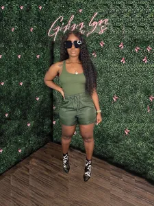 Olive green two-piece outfit with tank top and drawstring shorts for summer